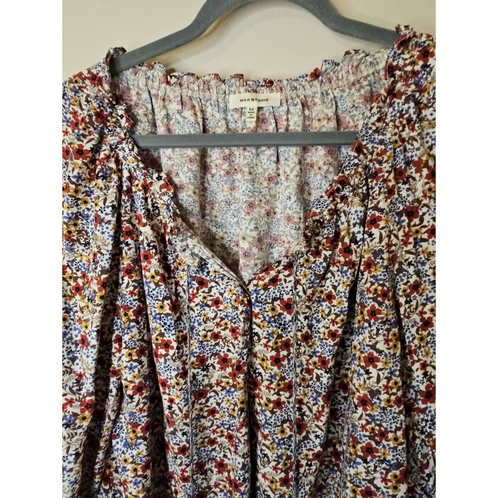 Max Studio Blouse Women M Floral Boho Puff Smocked Sleeve Tassels Flowy Prairie - Picture 3 of 16